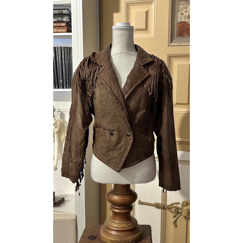 Chia Vintage Brown Leather Fringe Cropped Western Biker Cowgirl Chic Jacket S